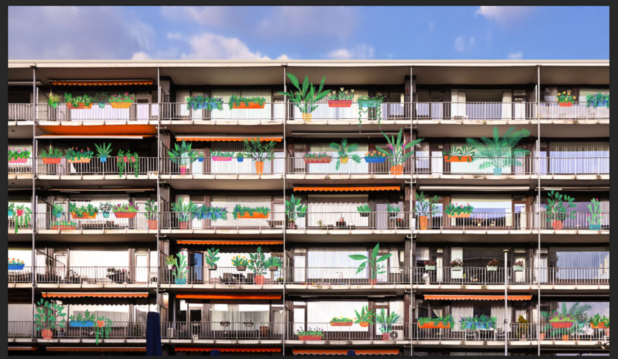 Impressie van hoe een groen appartementsgebouw er uit kan zien